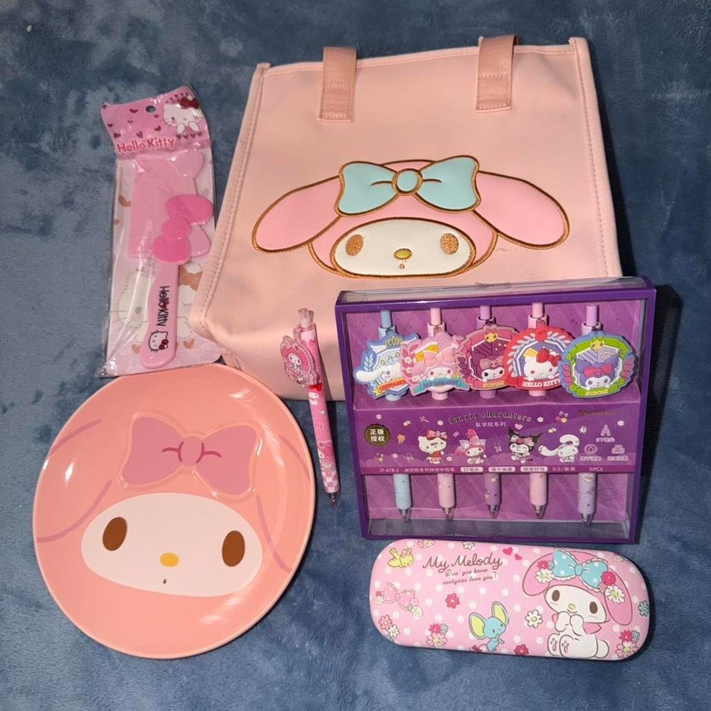 Sanrio My Melody pink lunch bag, plate, pen set, and glasses case